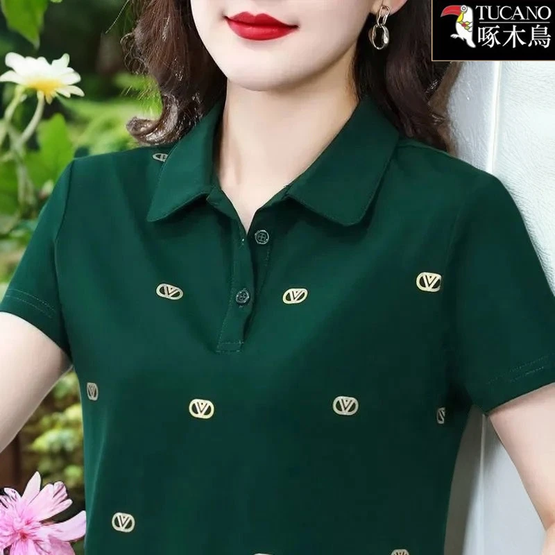 啄木鸟夏季薄款短袖时尚休闲印花T恤2025年新款纽扣POLO领上衣女