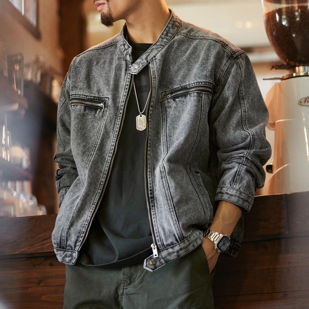 美式复古机车立领水洗牛仔夹克男2025秋季新款宽松拉链工装外套潮