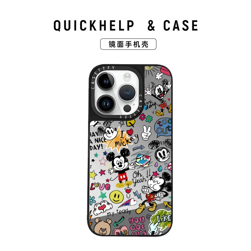 涂鸦米奇适用苹果16手机壳13保护壳苹果iPhone15补妆镜14PRO镜面