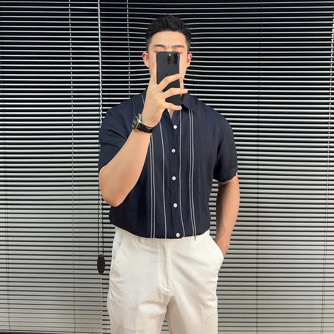 莱赛尔亚麻衬衫夏季复古亚麻薄款透气休闲舒适透气男士短袖衬衫潮