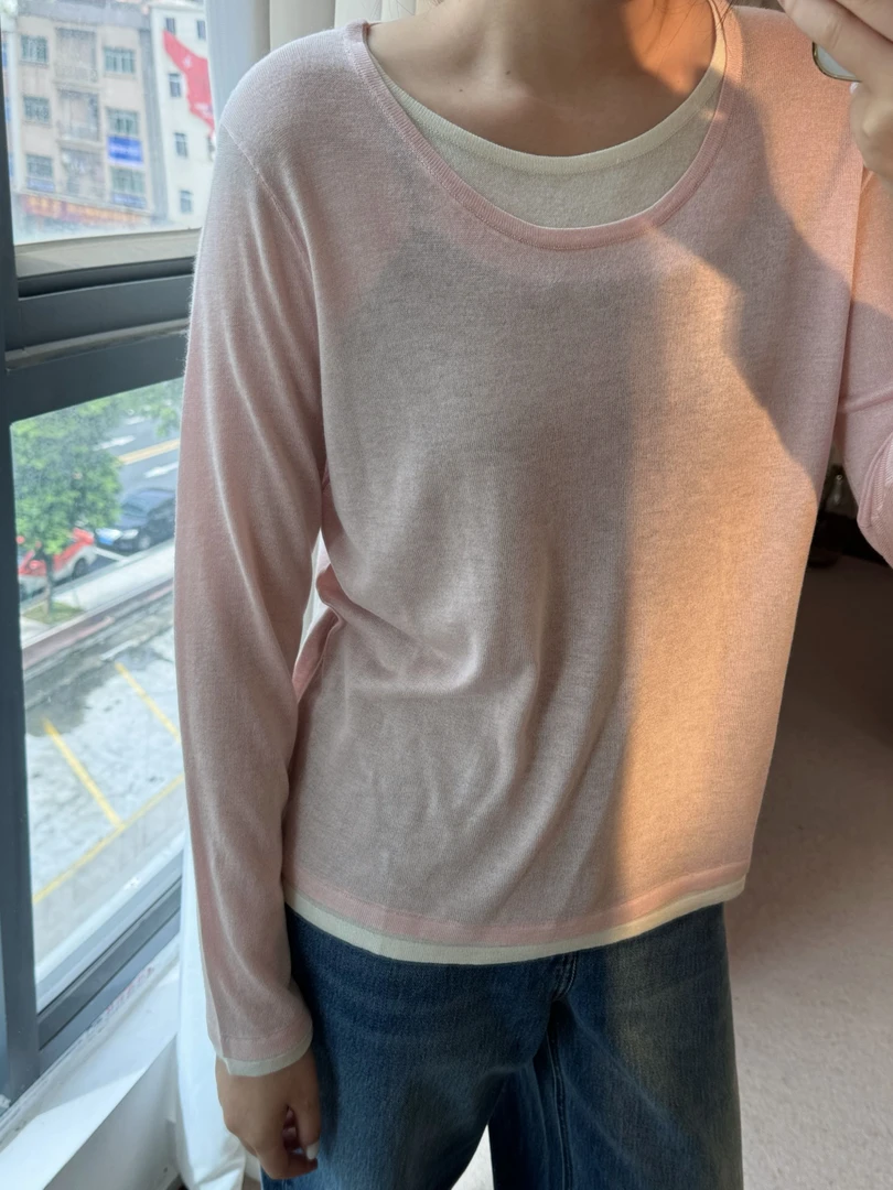 【假两件】新款日本进口三醋酸针织上衣 松弛感假两件长袖F15