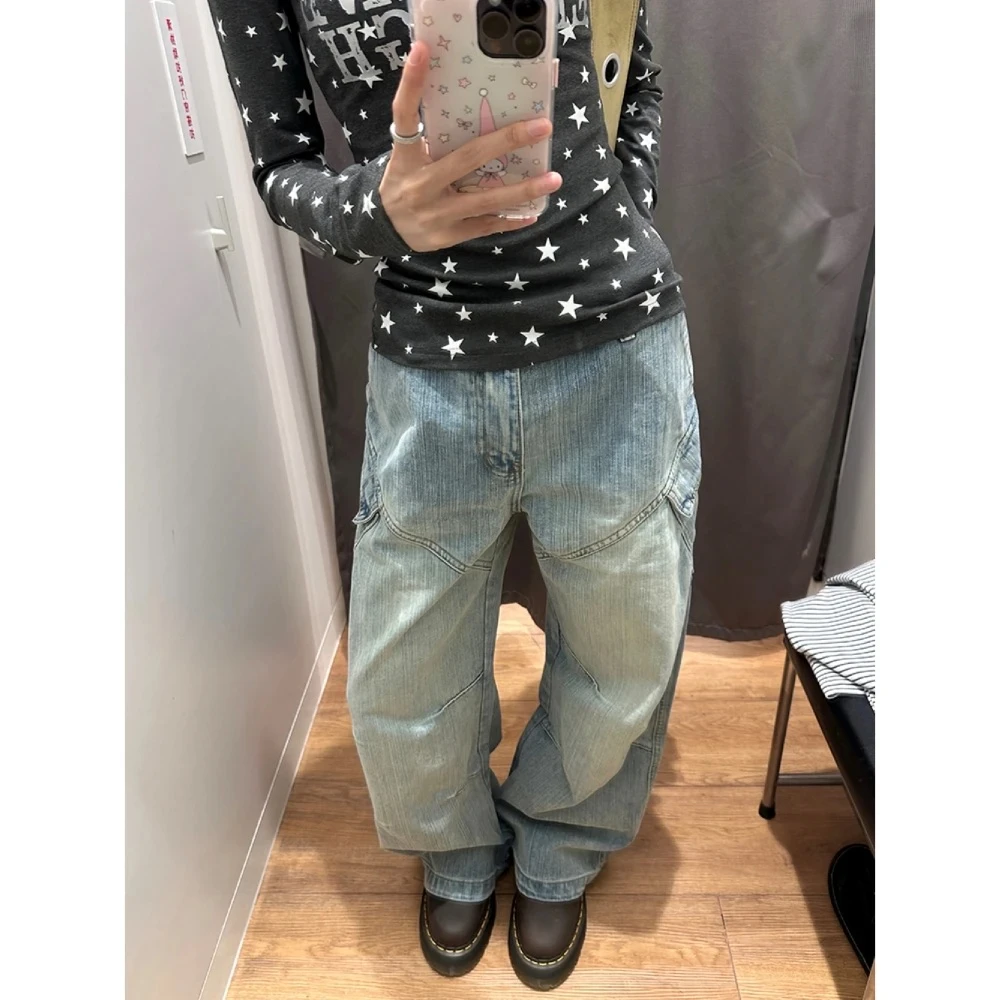 NOMIO美式复古竹节纹高级感牛仔裤女秋季直筒宽松百搭休闲裤子