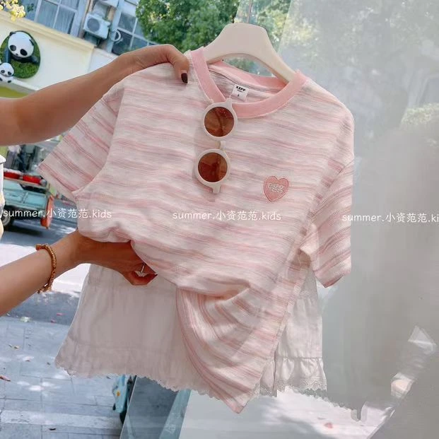 （现货）女童夏季韩版爱心条纹短袖t恤小女孩薄款半袖XZYXW56136