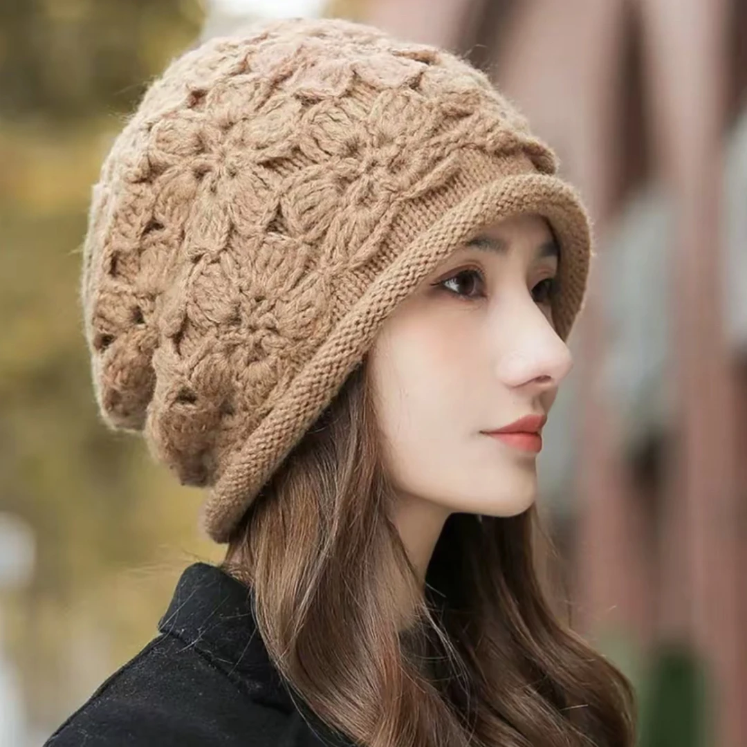 手工钩花帽子女秋冬百搭保暖柔软花朵套头帽双层针织毛线帽包头帽