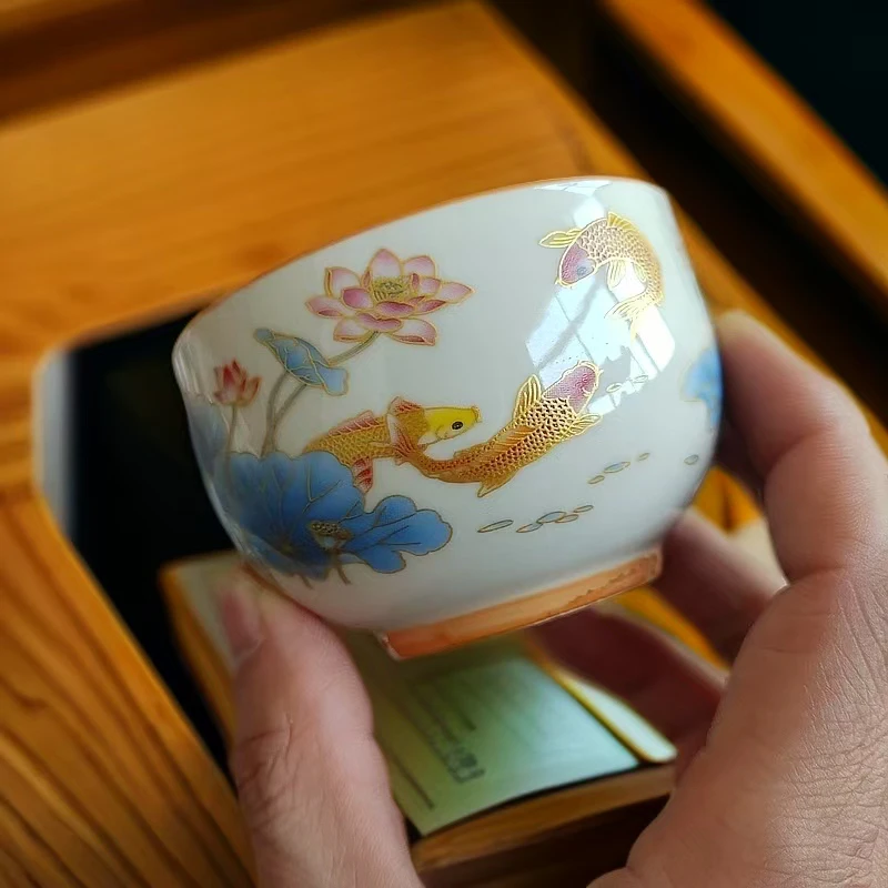 鱼戏荷花汝窑主人杯