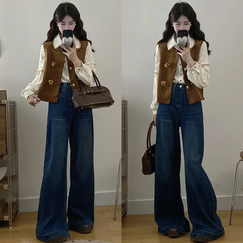 大码胖mm秋季新款复古长袖衬衫无袖马甲背心上衣搭配牛仔裤套装女