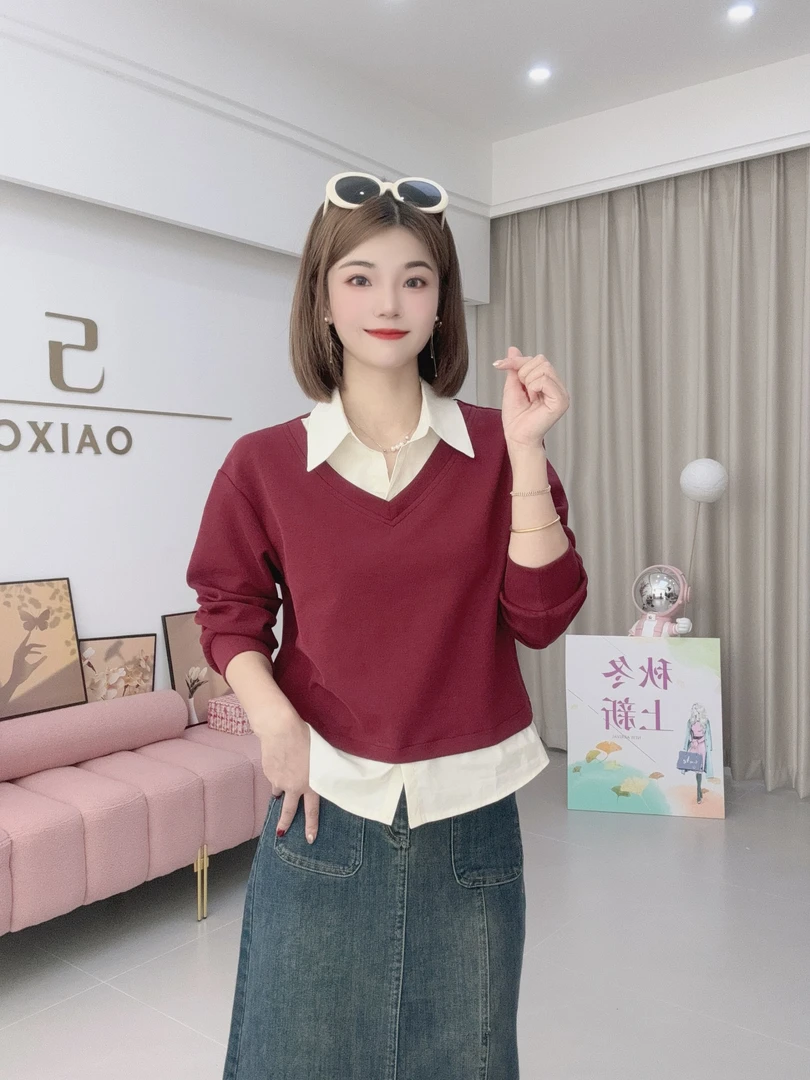 萧萧 休闲卫衣现货翻领卫衣长袖针织时尚百搭减龄假两件