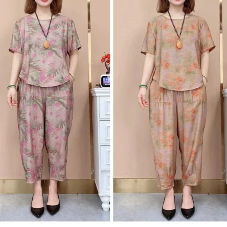 妈妈夏季时尚短袖中老年女装宽松大码休闲洋气新款薄丝光麻套装