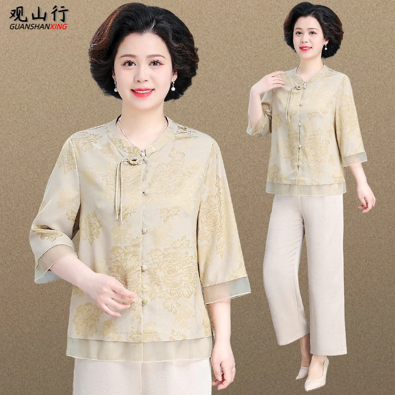 妈妈夏装套装2025新款七分袖雪纺上衣中老年女装夏季洋气国风衬衫