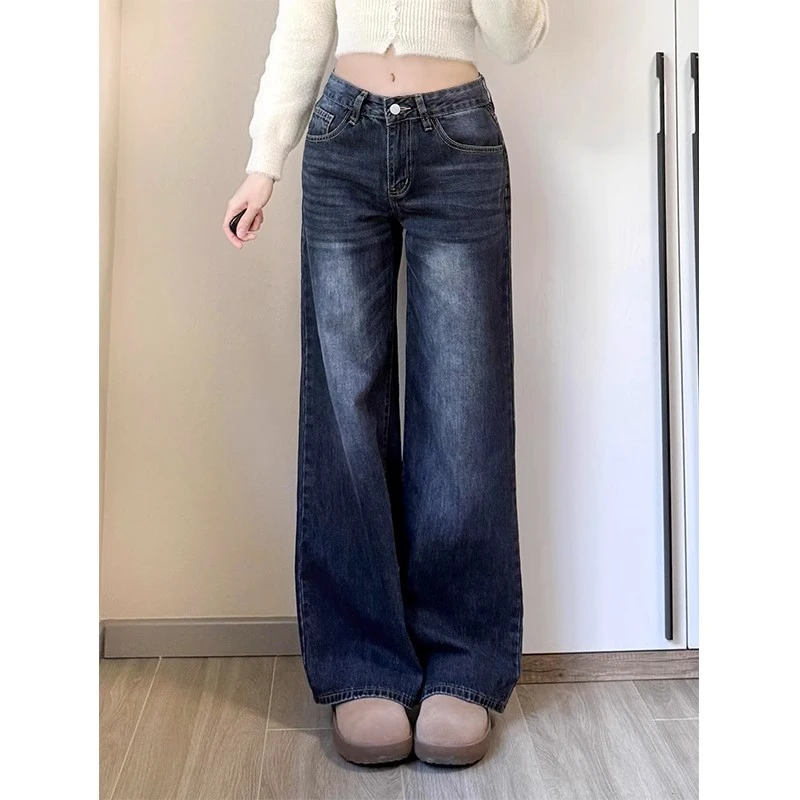 美式复古直筒牛仔裤女2025春季新款中腰宽松垂感显瘦窄版阔腿裤子