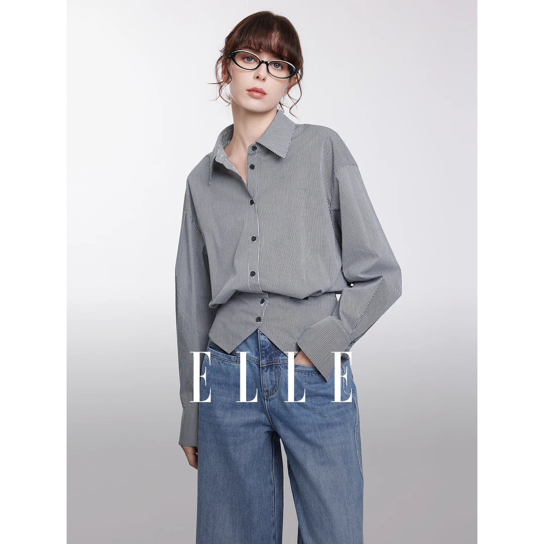 【王雪糕专属】ELLE气质格纹收腰翻领长袖衬衫25春新款通勤EC50728