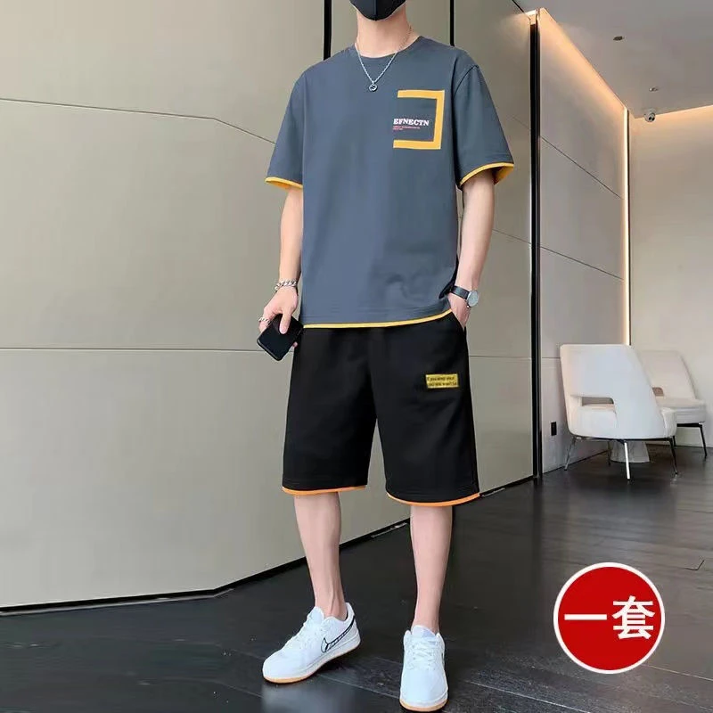 2025新款夏季时尚休闲套装男半袖短裤二件套潮流帅气男装一整套装