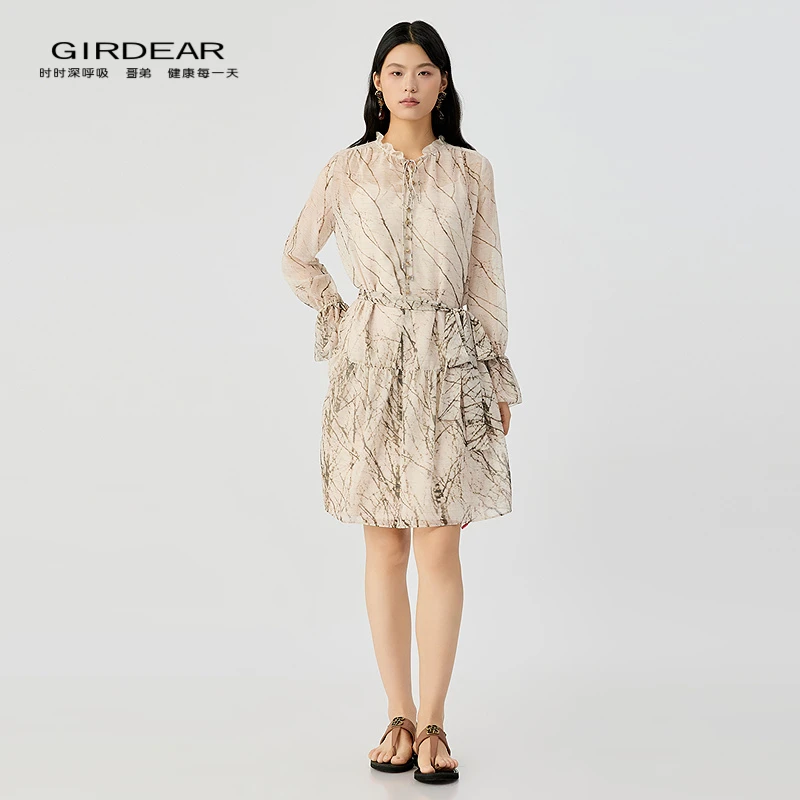 哥弟夏季气质甜美小荷叶领子及膝长袖印花连衣裙短裙150045