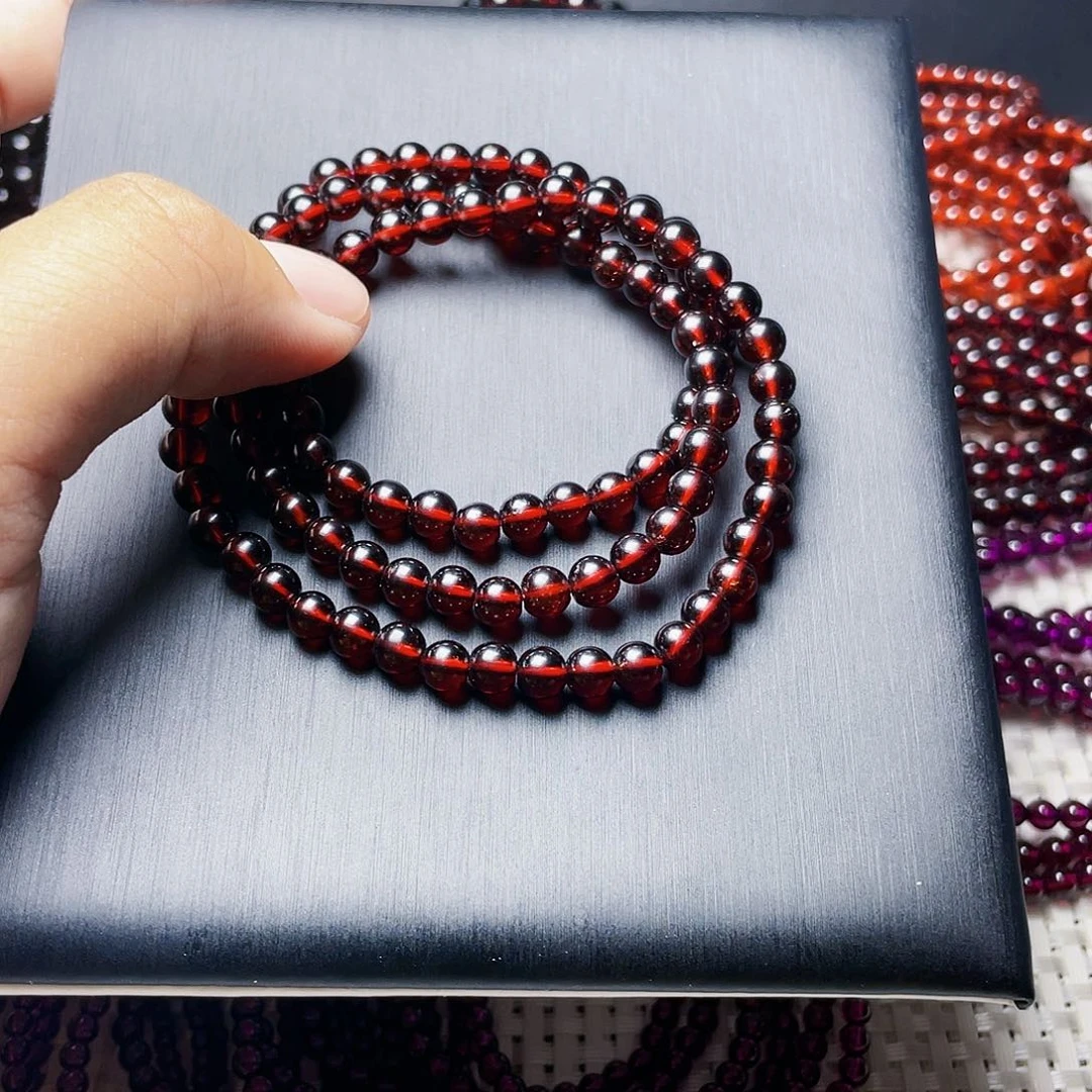 石榴石手链未镶嵌5.0MM毕业级酒红三圈天花板深色