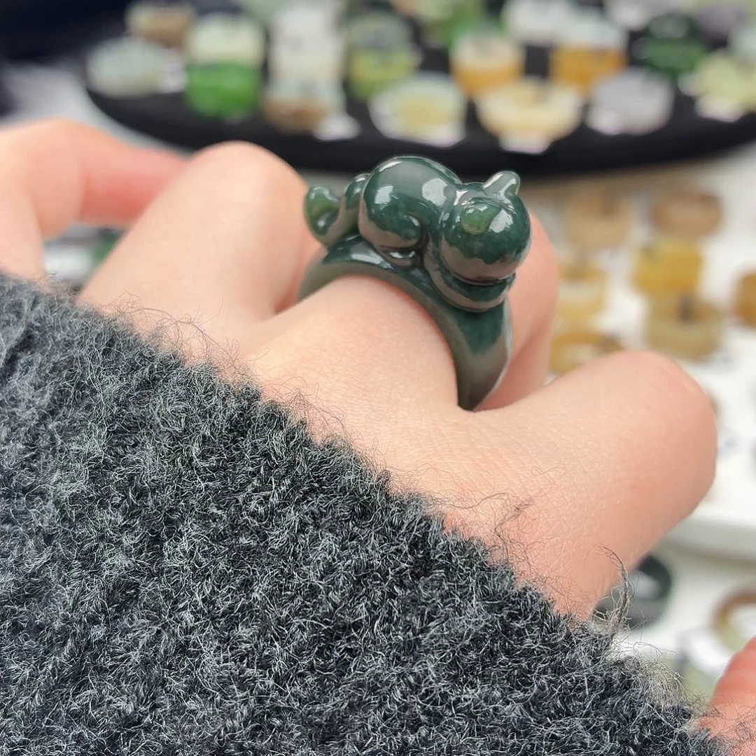 和田玉未镶嵌戒指S66趴趴猫18.3