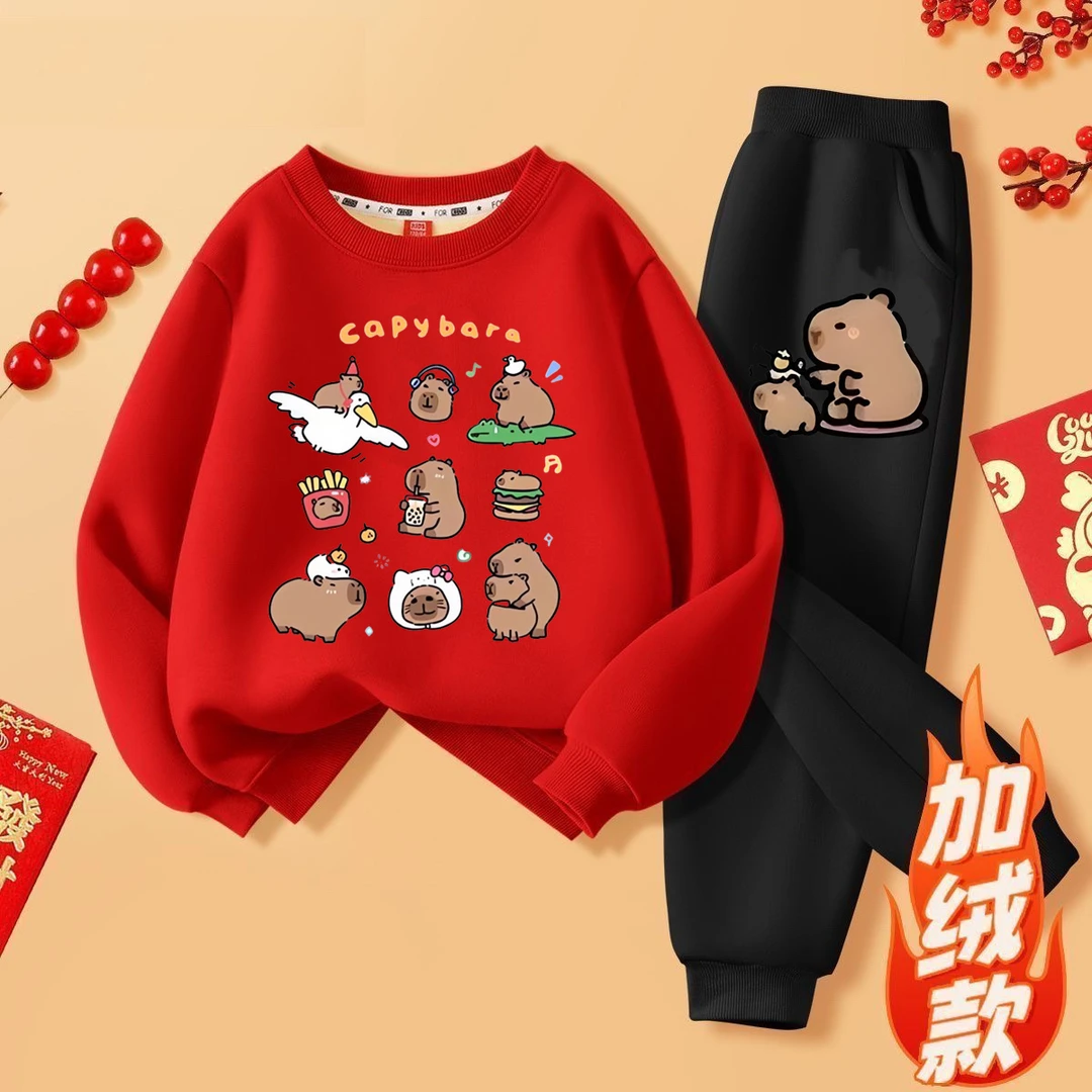 卡皮巴拉套装儿童2025年秋冬红色套装新年衣服儿童可爱圆领套装1