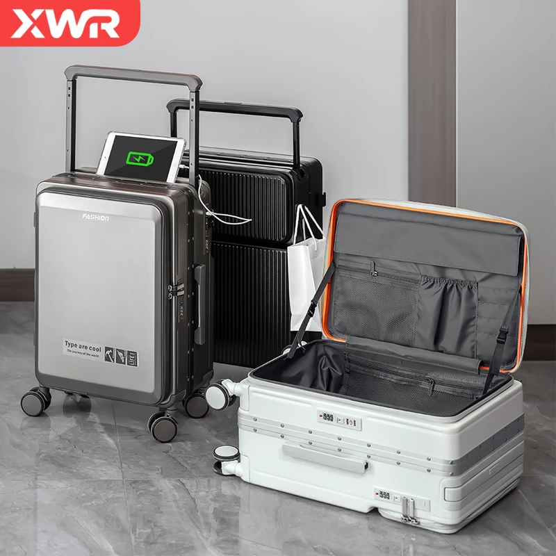 多功能双面开盖行李箱男女20寸登机密码箱可充电旅行箱侧开盖皮箱