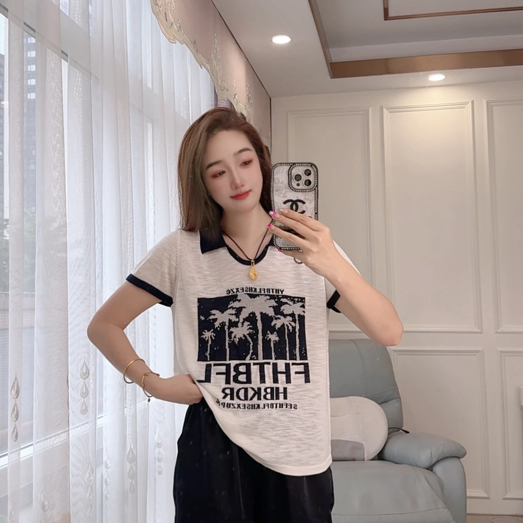 5121现货夏季针织衫套头短袖宽松女装字母翻领显瘦时尚百搭上衣