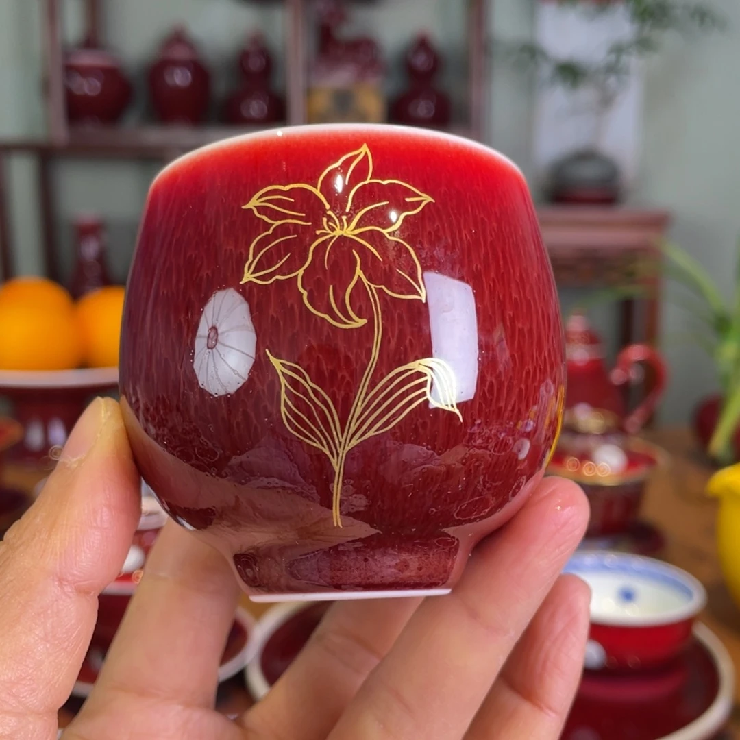 清欢雅玩原矿郎红描金龙蛋杯