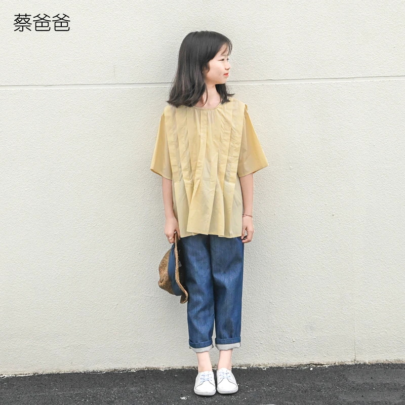 蔡爸爸原创童装 文艺夏装 女大童装 黄色百褶上衣196+182+776