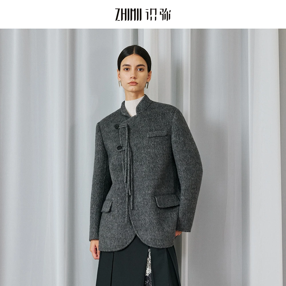 【ZHIMII识弥】新中式墨染灰牦牛绒双面呢流苏扣立领中山装外套
