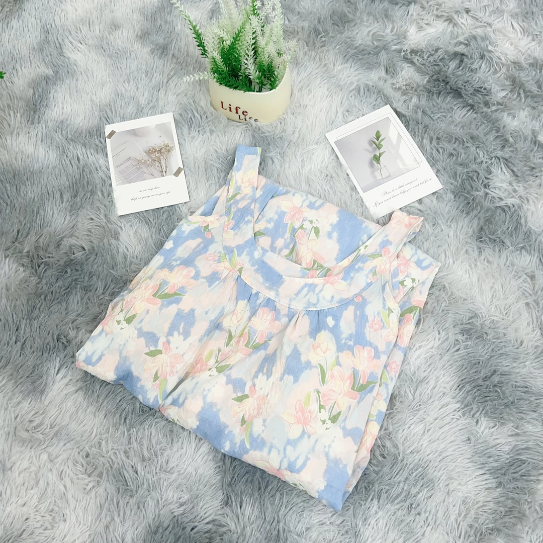 【R672】夏季清凉一夏紫兰油画吊带睡裙+胸垫