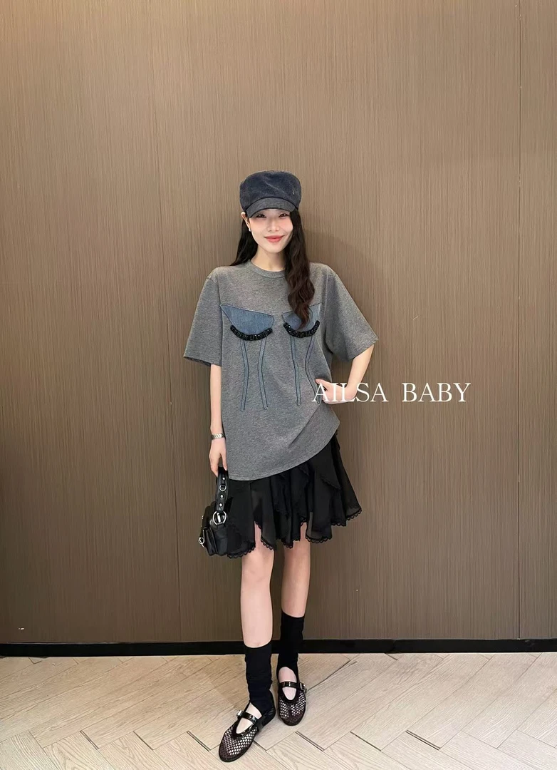 【AILSA BABY】欧货牛仔拼接手工穿珠重工T恤/408A