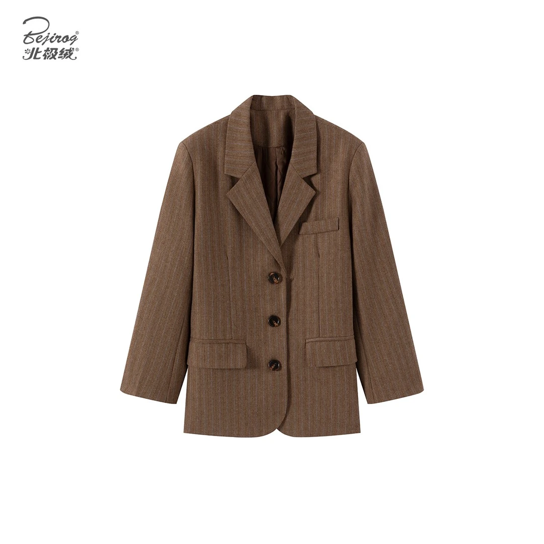 北极绒春季复古经典轻职风商务纯色格纹长袖西装领西服格子西装