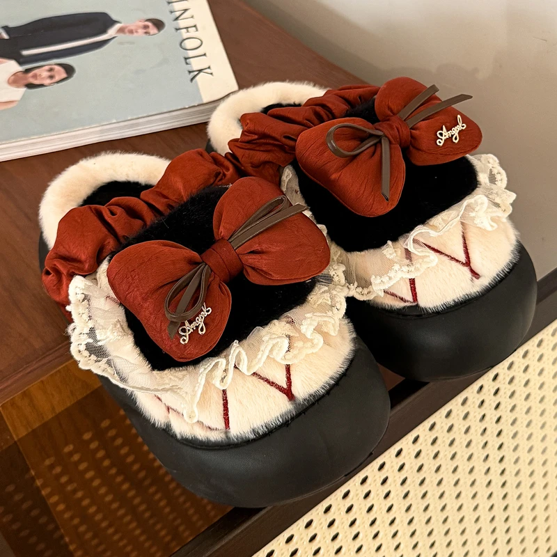 公主风甜美蝴蝶结棉拖鞋女冬季厚底保暖2025新款居家毛绒拖鞋