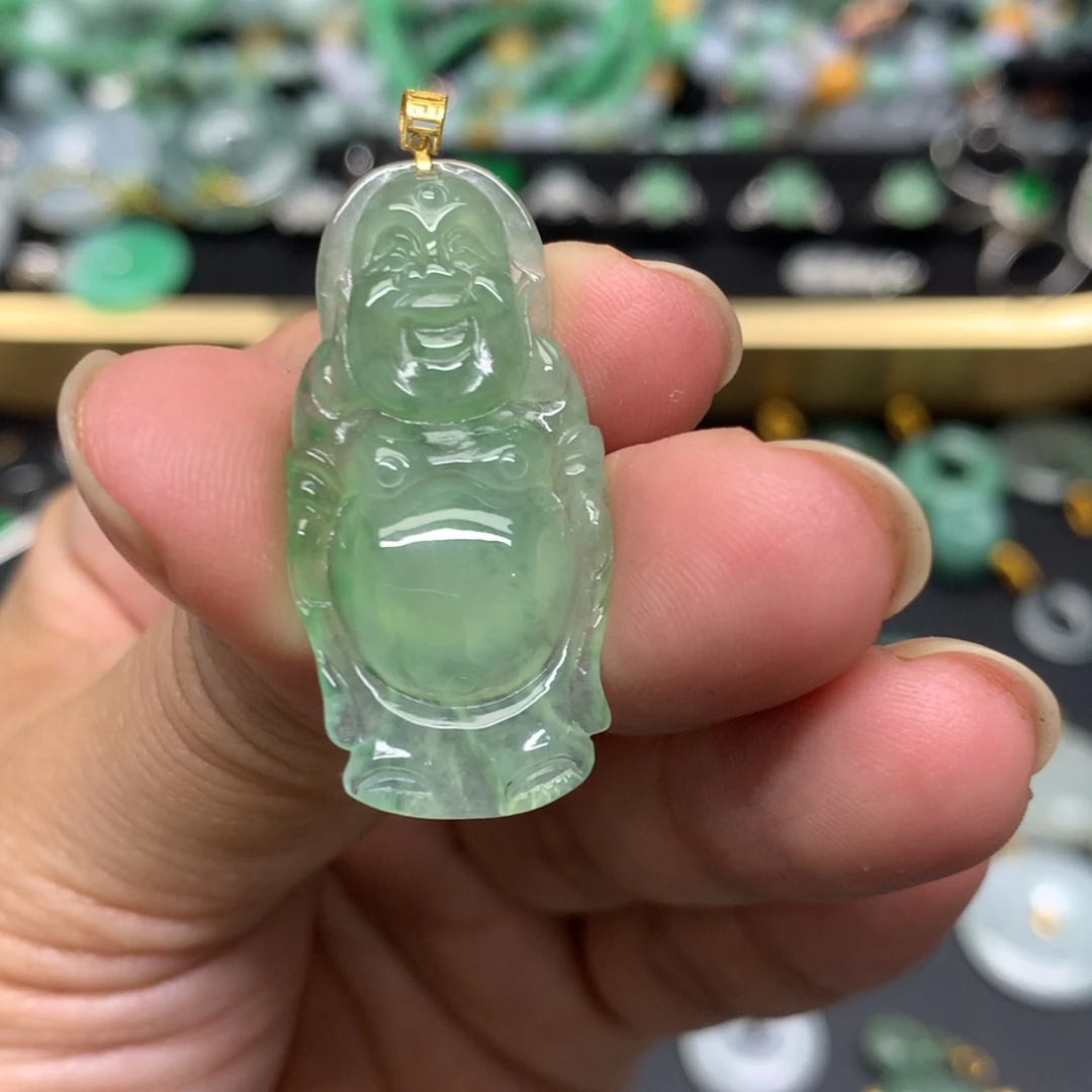 吊坠(不含链)18K金镶嵌翡翠小***哒有纹裂