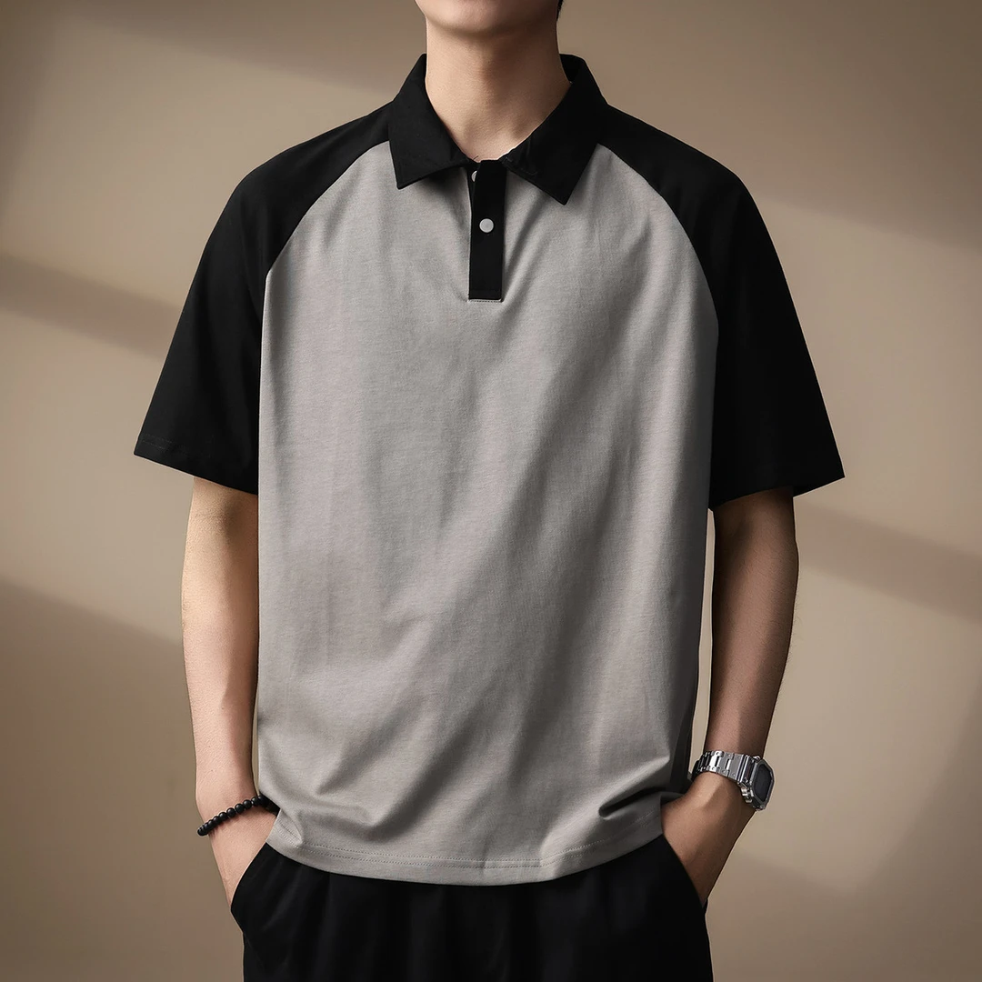 高端撞色拼接短袖Polo衫男士宽松休闲夏季薄款翻领T恤潮流上衣男