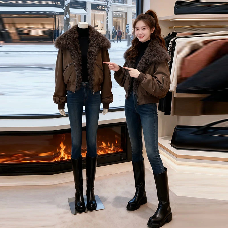 兹伊翰【棠梨煎雪】2025冬季新款毛茸茸拼接棉服女加厚保暖时尚棉衣