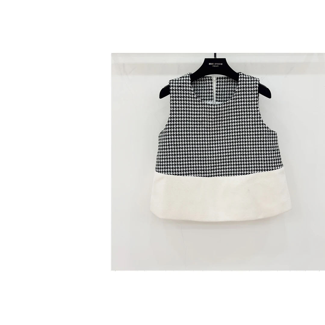 JIAYE CHAN时尚百搭千鸟格拼接撞色无袖背心上衣
