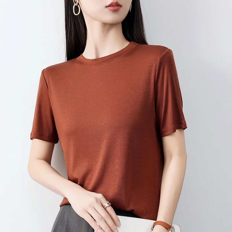 简约百搭小圆领亲肤柔软气质短袖内搭基础款薄款女舒适透气显瘦