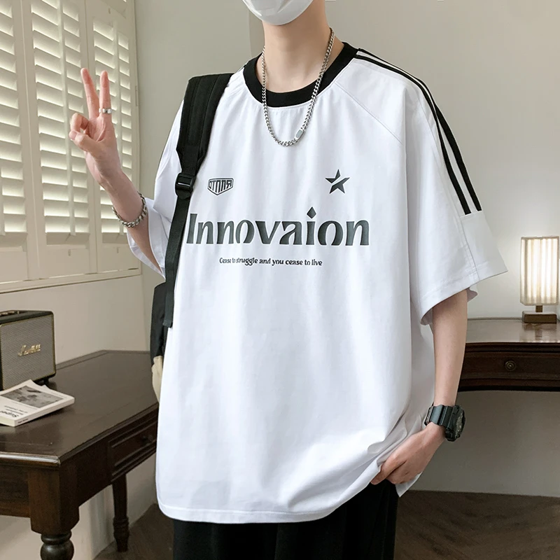 2025夏季新款圆领短袖t恤男潮流半袖帅气宽松休闲夏装印花上衣服