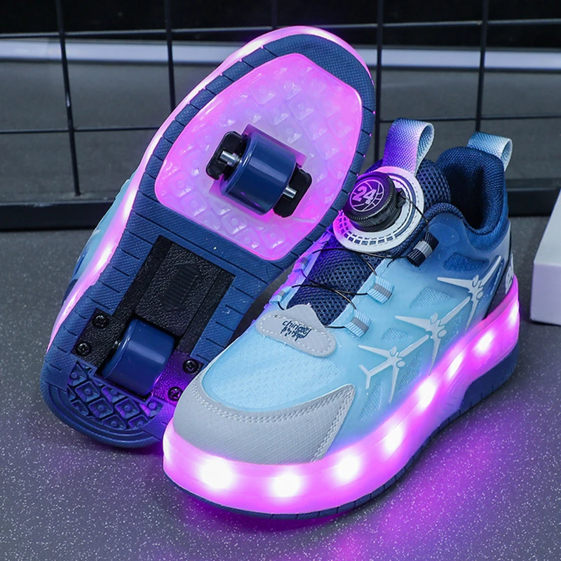 男童双轮伸缩溜冰鞋时尚暴走鞋2025春夏款儿童闪灯运动轮滑鞋童鞋