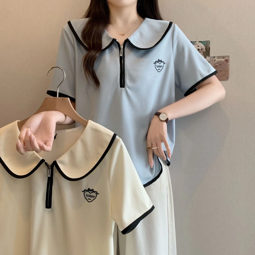 2025夏装新款大码女装撞色娃娃领半拉链上衣正肩别致短袖T恤64037