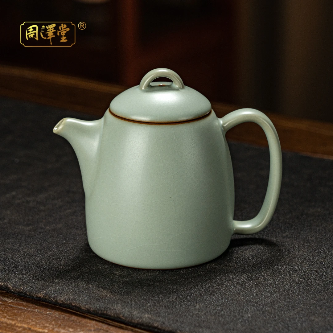 周泽堂手工汝窑茶壶陶瓷单壶茶具开片可养礼盒装景德镇汝瓷秦权壶