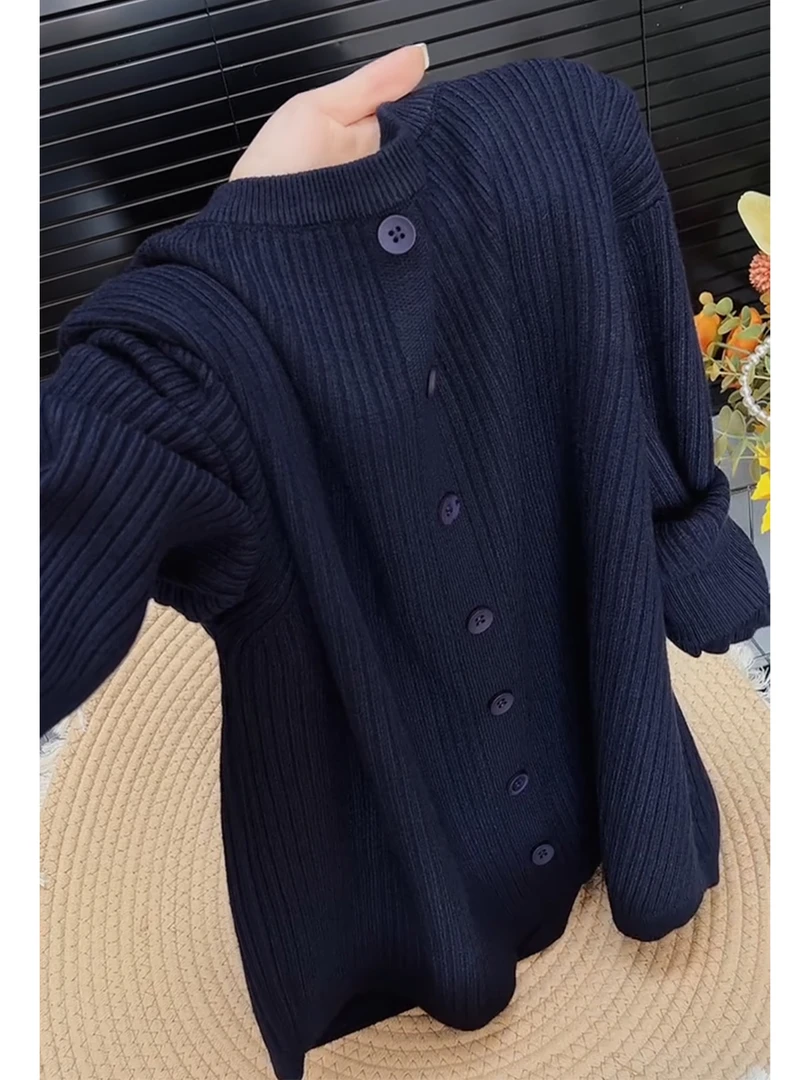 韩系后背扣藏蓝色针织衫女2025早秋新款洋气小众减龄打底衫毛衣