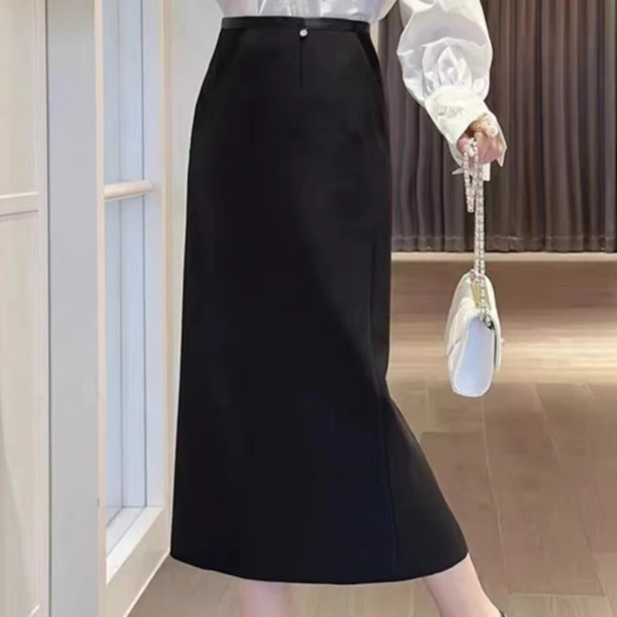 黑色半身一步裙2025新款早秋气质休闲淑女开叉高腰遮胯显瘦长裙