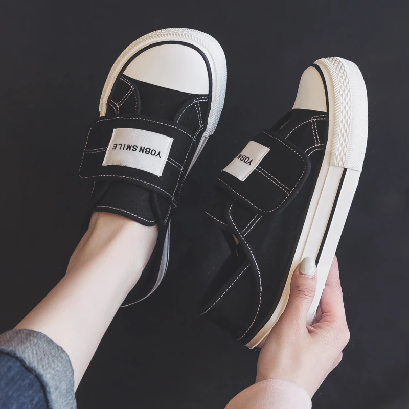 【qianqian】魔术贴帆布鞋女透气2025夏季新款韩版半拖一脚蹬懒人鞋