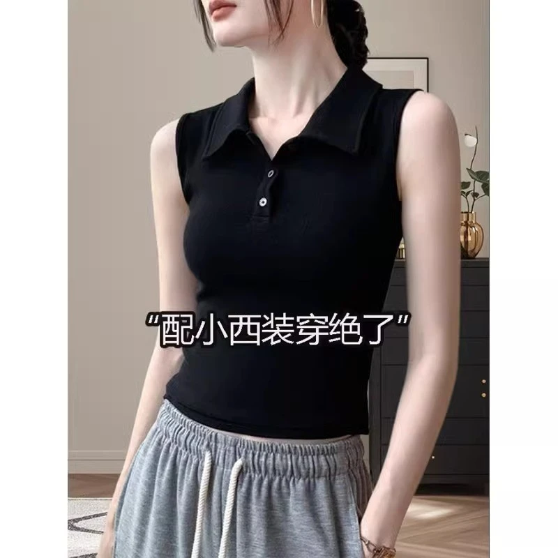 黑色翻领纽扣无袖背心女夏季2025新款内搭修身打底衫设计别致上衣