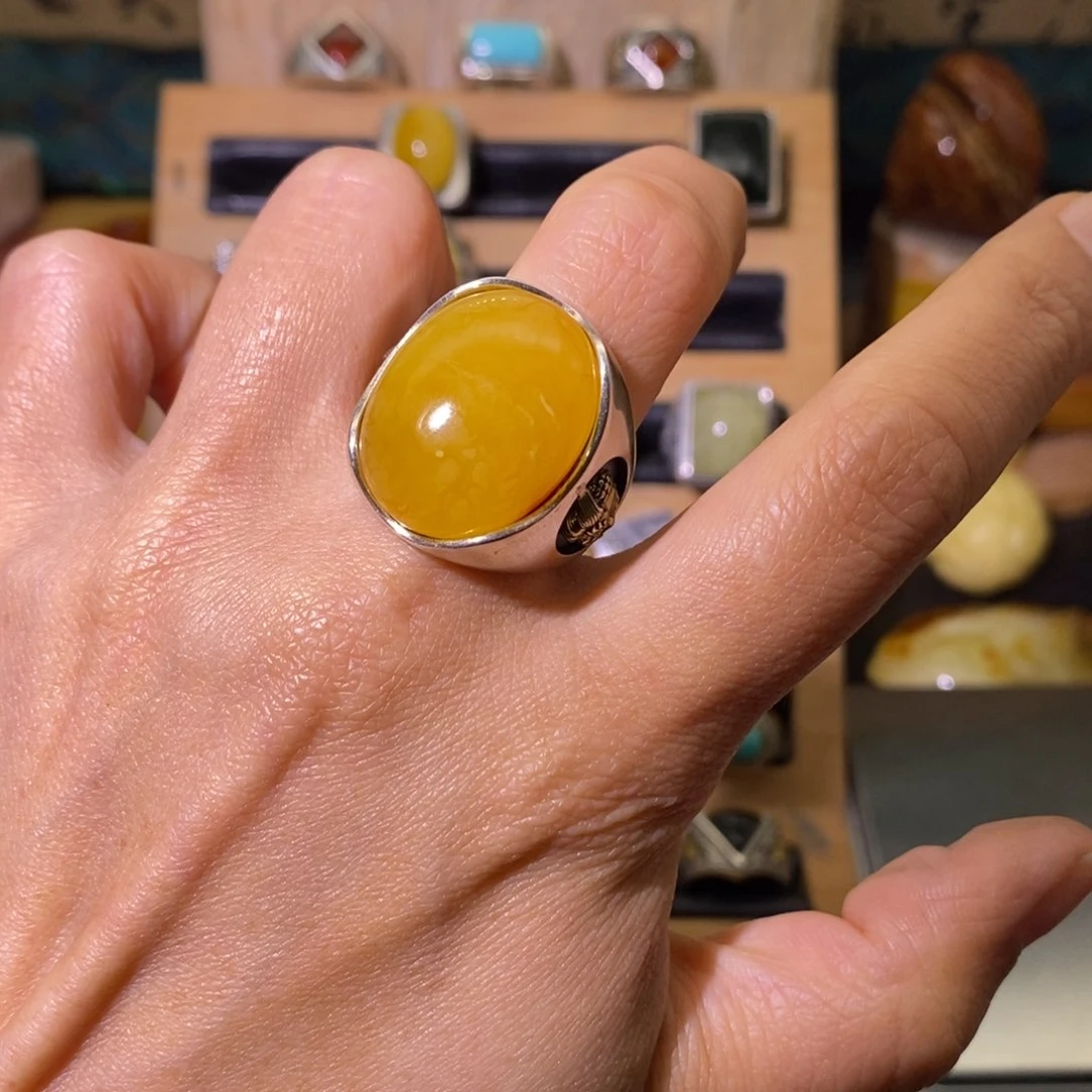 蜜蜡戒指银S925镶嵌移**木