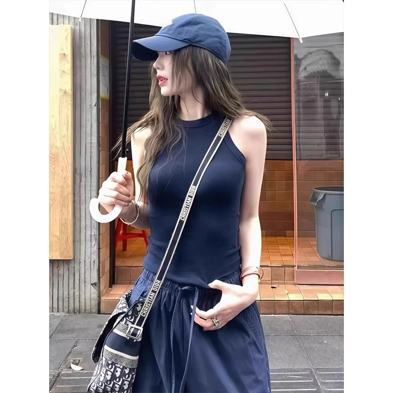 美式辣妹藏蓝色吊带背心女夏季新款修身显瘦内搭外穿无袖短款上衣