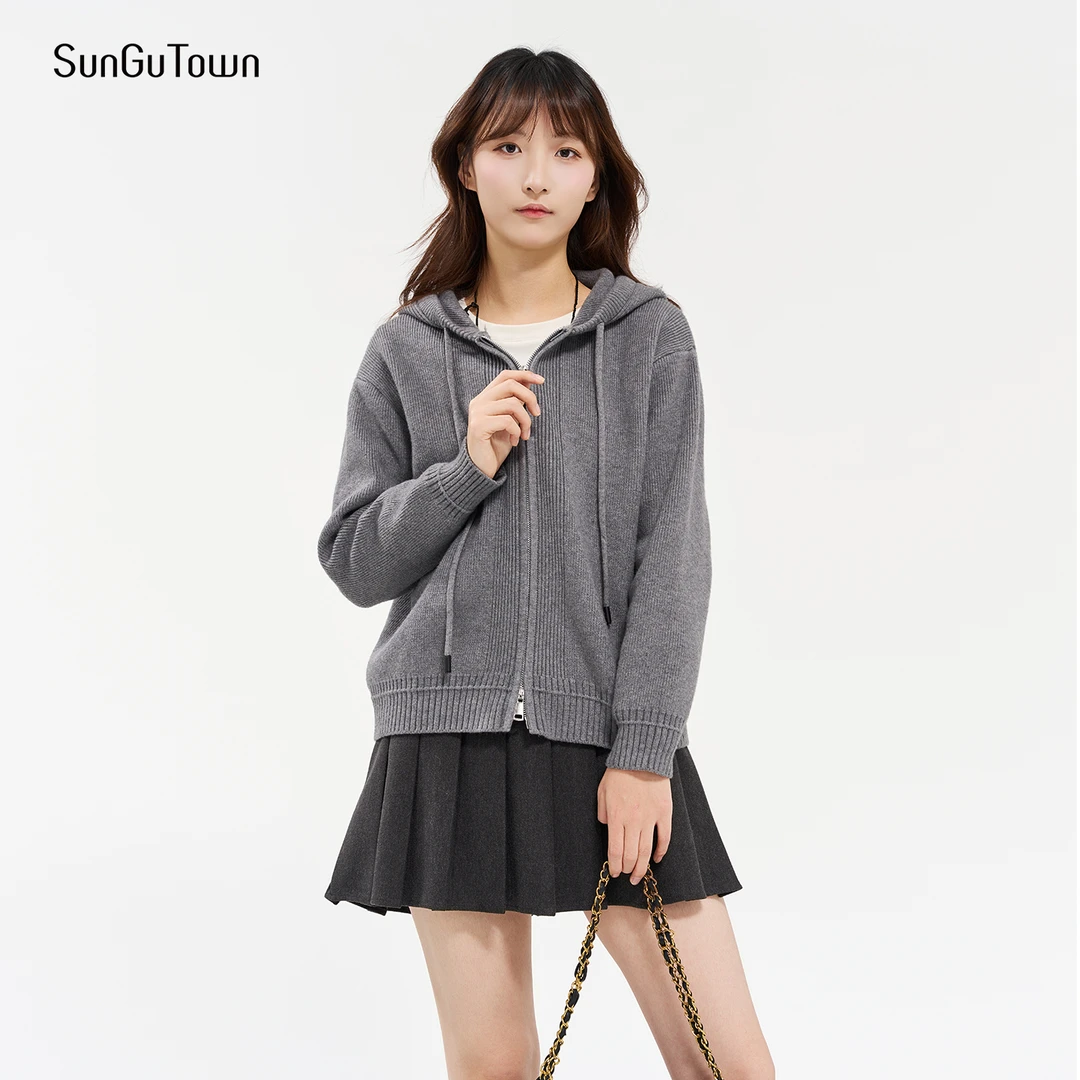 森谷小城短款秋冬季针织慵懒风连帽春季毛针织衫长袖宽松型