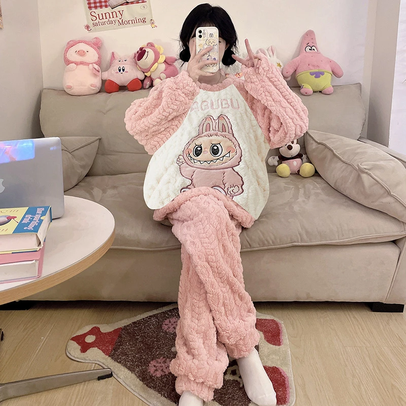 珊瑚绒女孩睡衣冬季加绒加厚款卡通少女保暖大童学生法兰绒家居服