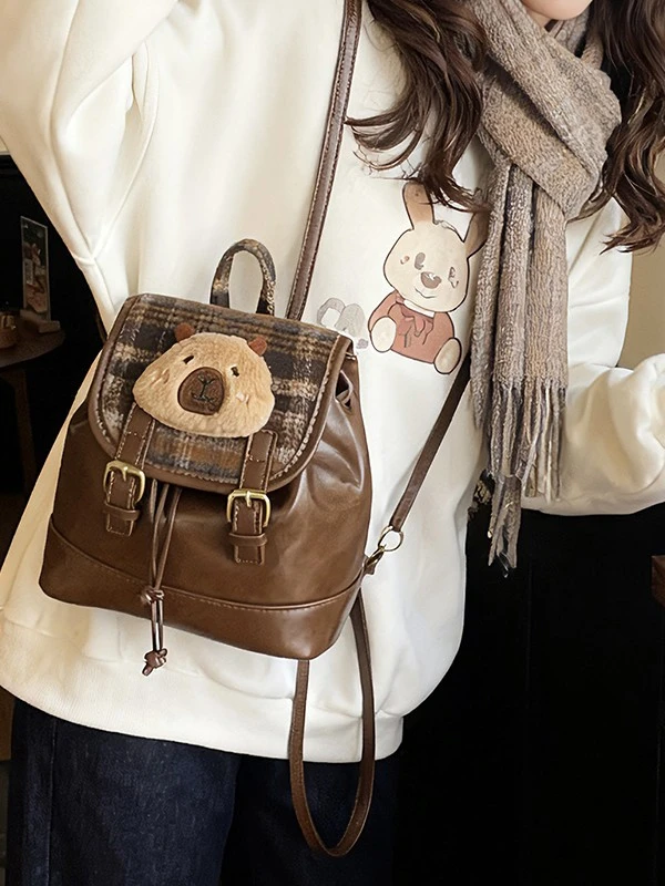 复古卡通双肩包女水桶包学生背包质感小包包2025新款潮秋季休闲包