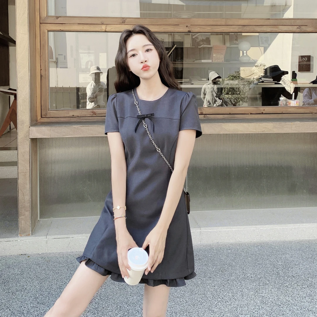 DUCURNO韩系灰色连衣裙女2025夏季新款小个子高级感别致收腰裙子