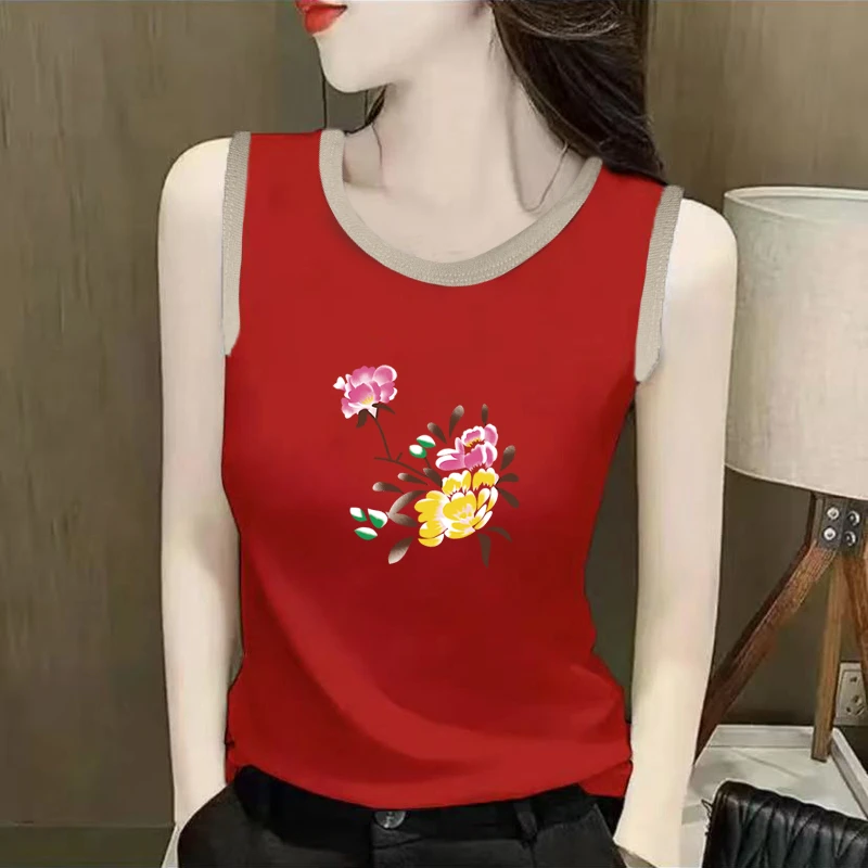 100%纯棉女背心打底显瘦时尚新款春夏季吊带罗纹百搭印花无袖上衣