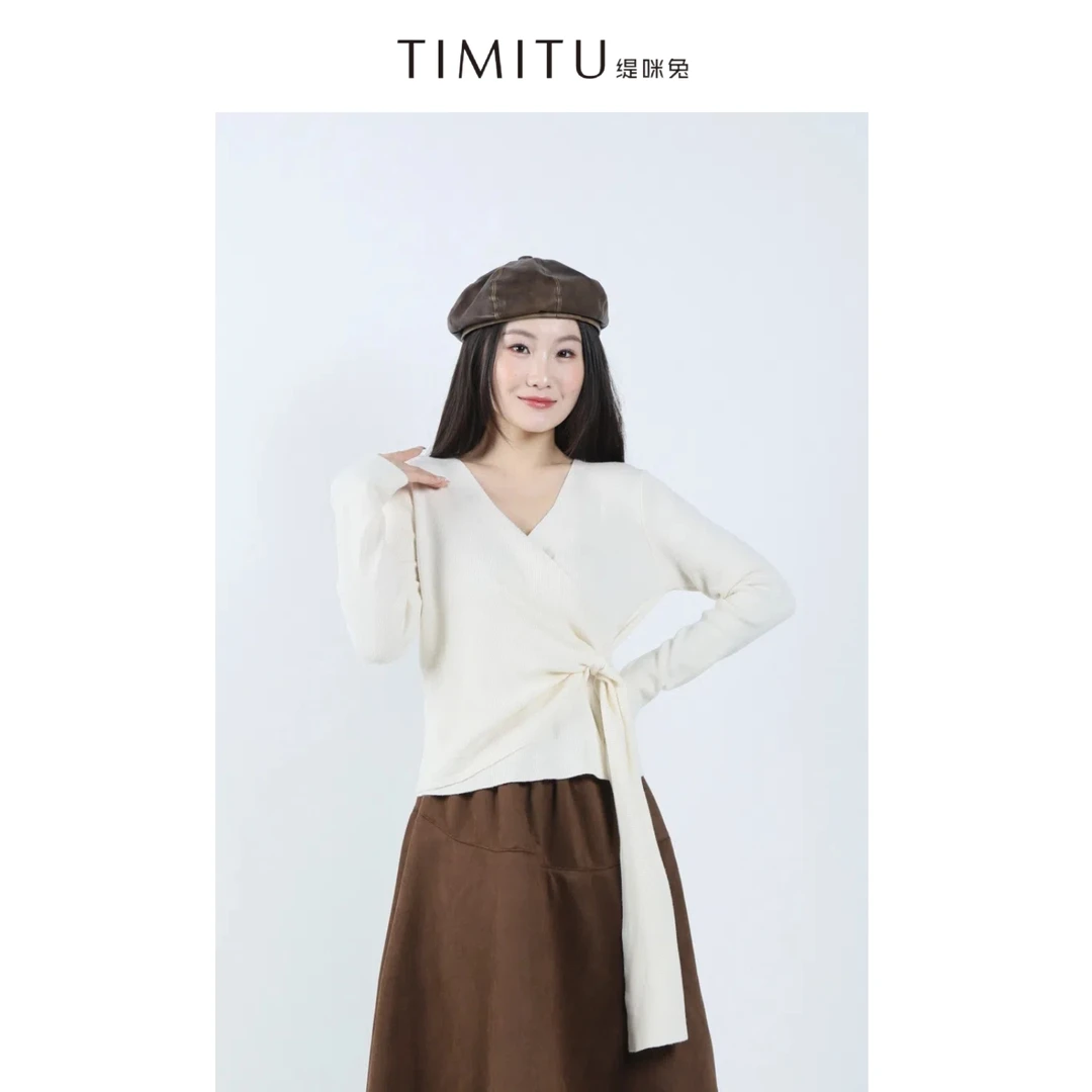 TIMITU缇咪兔法式气质V领收腰绑带毛衣34423006